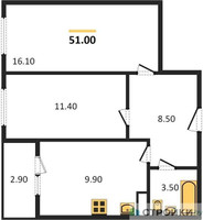 Планировка двухкомнатной(квартира) площадью 51 квадратных метров в “ЖК Карамельный”