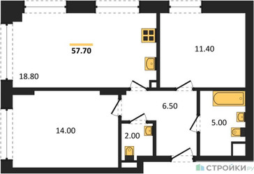 Планировка двухкомнатной(квартира) площадью 57.7 квадратных метров в ЖК “ЖК Wave (Вейв)”