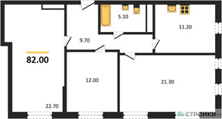 Планировка трехкомнатной(квартира) площадью 82 квадратных метров в “ЖК Южная Долина”
