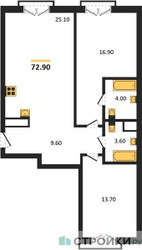 Планировка двухкомнатной(квартира) площадью 72.9 квадратных метров в ЖК “ДД:ОО:ММ. Дом на Часовой”