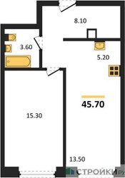 Планировка однокомнатной(квартира) площадью 45.7 квадратных метров в ЖК “ЖК Мираполис”
