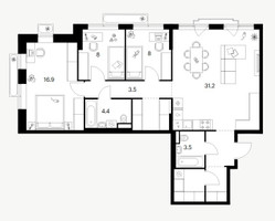 Планировка трехкомнатной(квартира) площадью 91.3 квадратных метров в “ЖК Саларьево парк”