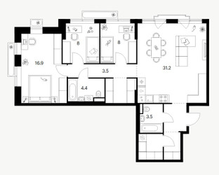 Планировка трехкомнатной(квартира) площадью 91.3 квадратных метров в ЖК “ЖК Саларьево парк”