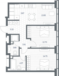 Планировка двухкомнатной(квартира) площадью 62.34 квадратных метров в ЖК “ЖК TATE (Тэйт)”