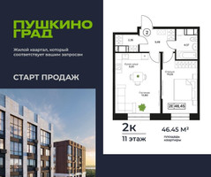 Планировка двухкомнатной(квартира) площадью 46.45 квадратных метров в “ЖК Пушкино Град”