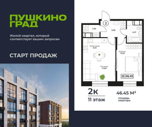 Планировка двухкомнатной(квартира) площадью 46.45 квадратных метров в ЖК “ЖК Пушкино Град”