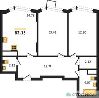 Планировка двухкомнатной(квартира) площадью 62.15 квадратных метров в “ЖК Новотомилино”
