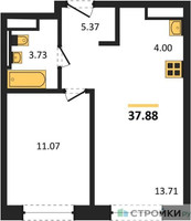 Планировка однокомнатной(квартира) площадью 37.88 квадратных метров в “ЖК ЭкоБунино (Южное Бунино)”