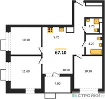 Планировка трехкомнатной(квартира) площадью 67.1 квадратных метров в “ЖК Бунинские кварталы”
