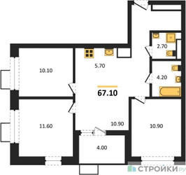 Планировка трехкомнатной(квартира) площадью 67.1 квадратных метров в ЖК “ЖК Бунинские кварталы”