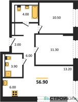 Планировка двухкомнатной(квартира) площадью 56.9 квадратных метров в “ЖК Квартал Западный”