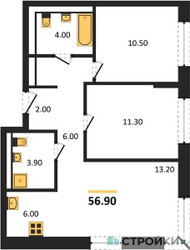 Планировка двухкомнатной(квартира) площадью 56.9 квадратных метров в ЖК “ЖК Квартал Западный”