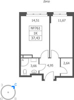 Планировка однокомнатной(апартаменты) площадью 37.43 квадратных метров в “ЖК Волковская 67”