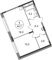 Планировка однокомнатной(квартира) площадью 44.7 квадратных метров в “ЖК Переделкино Ближнее”