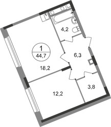 Планировка однокомнатной(квартира) площадью 44.7 квадратных метров в ЖК “ЖК Переделкино Ближнее”