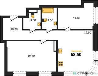 Планировка двухкомнатной(квартира) площадью 68.5 квадратных метров в ЖК “Архитектурный проект U2 (ЮТУ)”