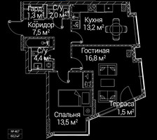 Планировка двухкомнатной(квартира) площадью 60.2 квадратных метров в “ЖК СЕЗАР БУДУЩЕЕ”