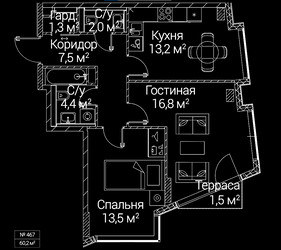 Планировка двухкомнатной(квартира) площадью 60.2 квадратных метров в ЖК “ЖК СЕЗАР БУДУЩЕЕ”
