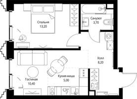 Планировка однокомнатной(квартира) площадью 40.6 квадратных метров в “ЖК СЕТ”