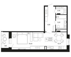 Планировка студии(квартира) площадью 50.33 квадратных метров в “ЖК Времена года”