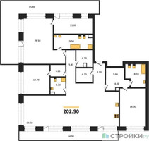 Планировка трехкомнатной(квартира) площадью 202.9 квадратных метров в “ЖК Luzhniki Collection (Коллекция Лужники)”