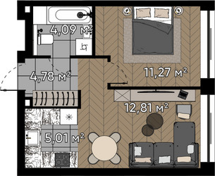 Планировка однокомнатной(квартира) площадью 38 квадратных метров в ЖК “ЖК Квартал Серебряный бор”