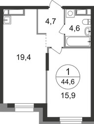 Планировка однокомнатной(квартира) площадью 44.6 квадратных метров в ЖК “ЖК Первый Московский”
