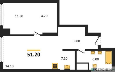 Планировка однокомнатной(квартира) площадью 51.2 квадратных метров в ЖК “ЖК Very (Вери)”