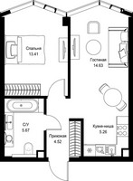 Планировка однокомнатной(квартира) площадью 43.49 квадратных метров в “Дом премиум-класса МИРА”