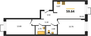 Планировка двухкомнатной(квартира) площадью 59.64 квадратных метров в “ЖК Квартал Сабурово”