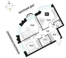 Планировка двухкомнатной(квартира) площадью 51.9 квадратных метров в “ЖК Интеллигент”