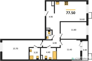 Планировка трехкомнатной(квартира) площадью 77.5 квадратных метров в ЖК “ЖК Деснаречье”