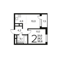 Планировка двухкомнатной(квартира) площадью 35.6 квадратных метров в “Новые Ватутинки. Заречный”