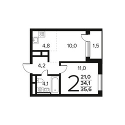 Планировка двухкомнатной(квартира) площадью 35.6 квадратных метров в ЖК “Новые Ватутинки. Заречный”