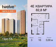 Планировка 4+ комнатной(квартира) площадью 82.8 квадратных метров в “ЖК Твелв”
