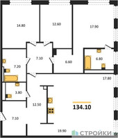 Планировка трехкомнатной(квартира) площадью 135.4 квадратных метров в “Роскошный квартал Life Time”