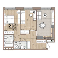 Планировка двухкомнатной(квартира) площадью 68.4 квадратных метров в “ЖК Гранд Комфорт”