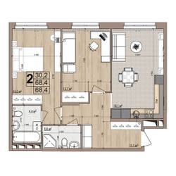Планировка двухкомнатной(квартира) площадью 68.4 квадратных метров в ЖК “ЖК Гранд Комфорт”