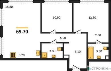 Планировка двухкомнатной(квартира) площадью 69.7 квадратных метров в ЖК “ЖК Мангазея в Богородском”