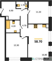 Планировка двухкомнатной(квартира) площадью 58.7 квадратных метров в ЖК “ЖК Shagal (Шагал)”