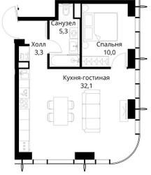 Планировка однокомнатной(квартира) площадью 50.7 квадратных метров в ЖК “ЖК Сити Бэй”