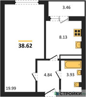Планировка однокомнатной(квартира) площадью 38.62 квадратных метров в “ЖК Домодедово Парк”
