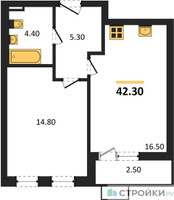 Планировка однокомнатной(квартира) площадью 42.3 квадратных метров в “ЖК Прокшино”