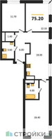 Планировка трехкомнатной(квартира) площадью 75.2 квадратных метров в “ЖК Детали”