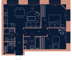 Планировка трехкомнатной(квартира) площадью 64.8 квадратных метров в “Квартал Эра”