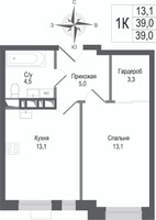 Планировка однокомнатной(квартира) площадью 39 квадратных метров в “ЖК КИНОКВАРТАЛ”