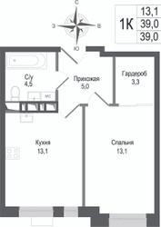 Планировка однокомнатной(квартира) площадью 39 квадратных метров в ЖК “ЖК КИНОКВАРТАЛ”