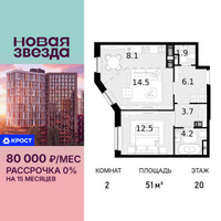 Планировка двухкомнатной(квартира) площадью 51 квадратных метров в “ЖК Новая Звезда (Газопровод)”