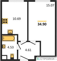 Планировка однокомнатной(квартира) площадью 34.9 квадратных метров в “Жилые кварталы Новое Пушкино”