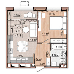 Планировка однокомнатной(квартира) площадью 43.7 квадратных метров в ЖК “ЖК Гранд Комфорт”